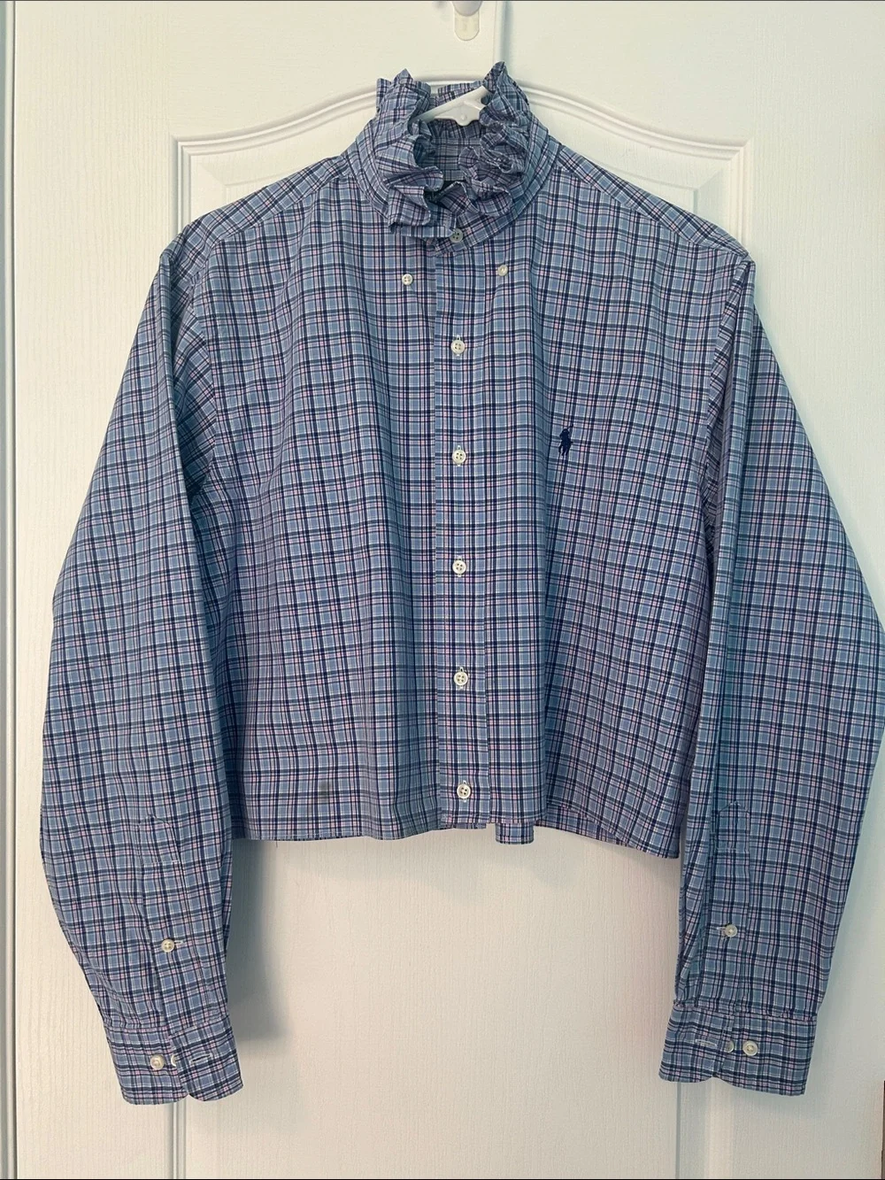 Upcycled Ralph Lauren Women’s Shirt Cropped Blue Pink Plaid with Ruffle Collar - Picture 4 of 12